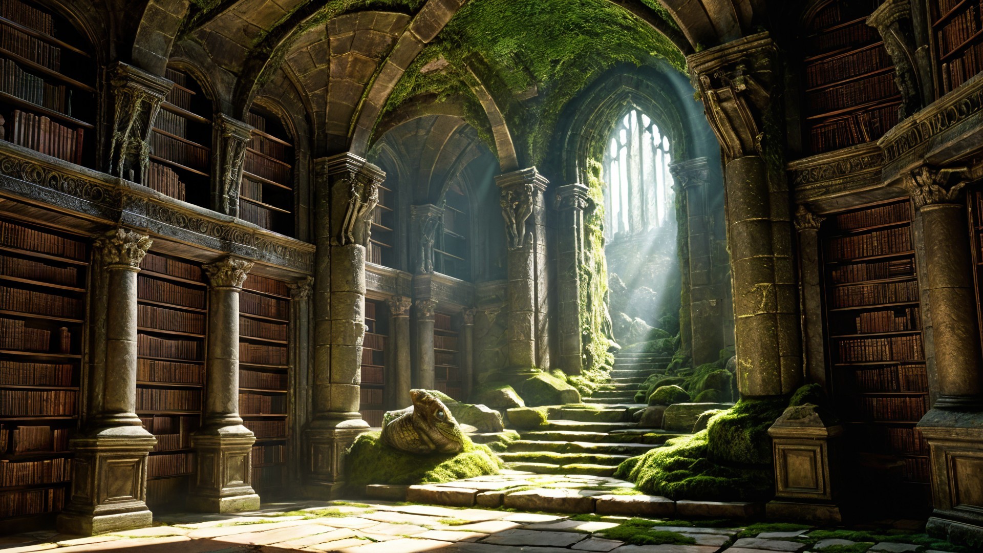 Ancient Library with Ethereal Light and Mossy Steps