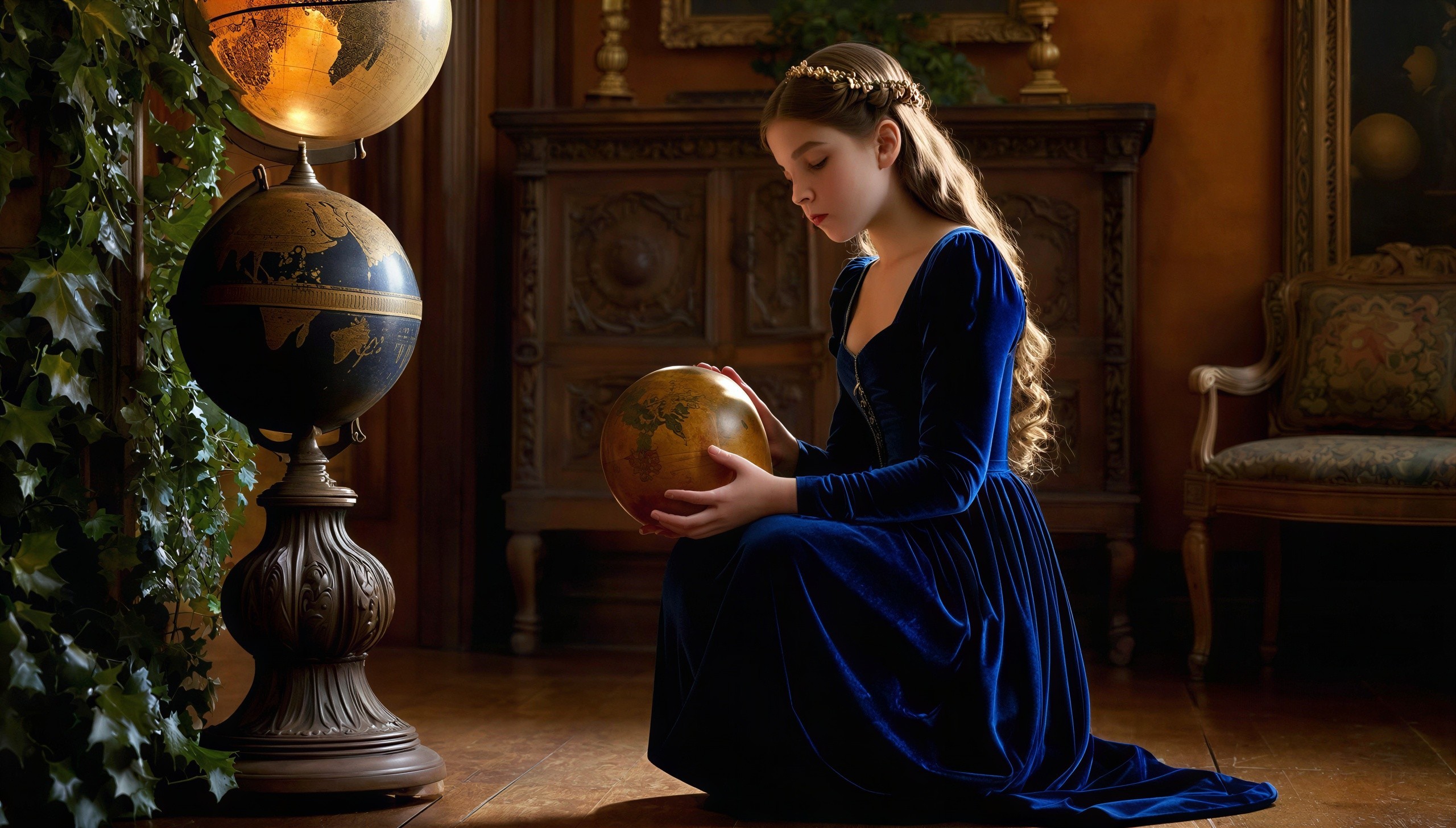 Renaissance Woman with Golden Globe in Antique Study