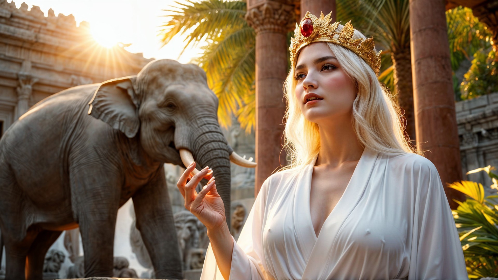 Regal Woman in White Gown with Majestic Elephant