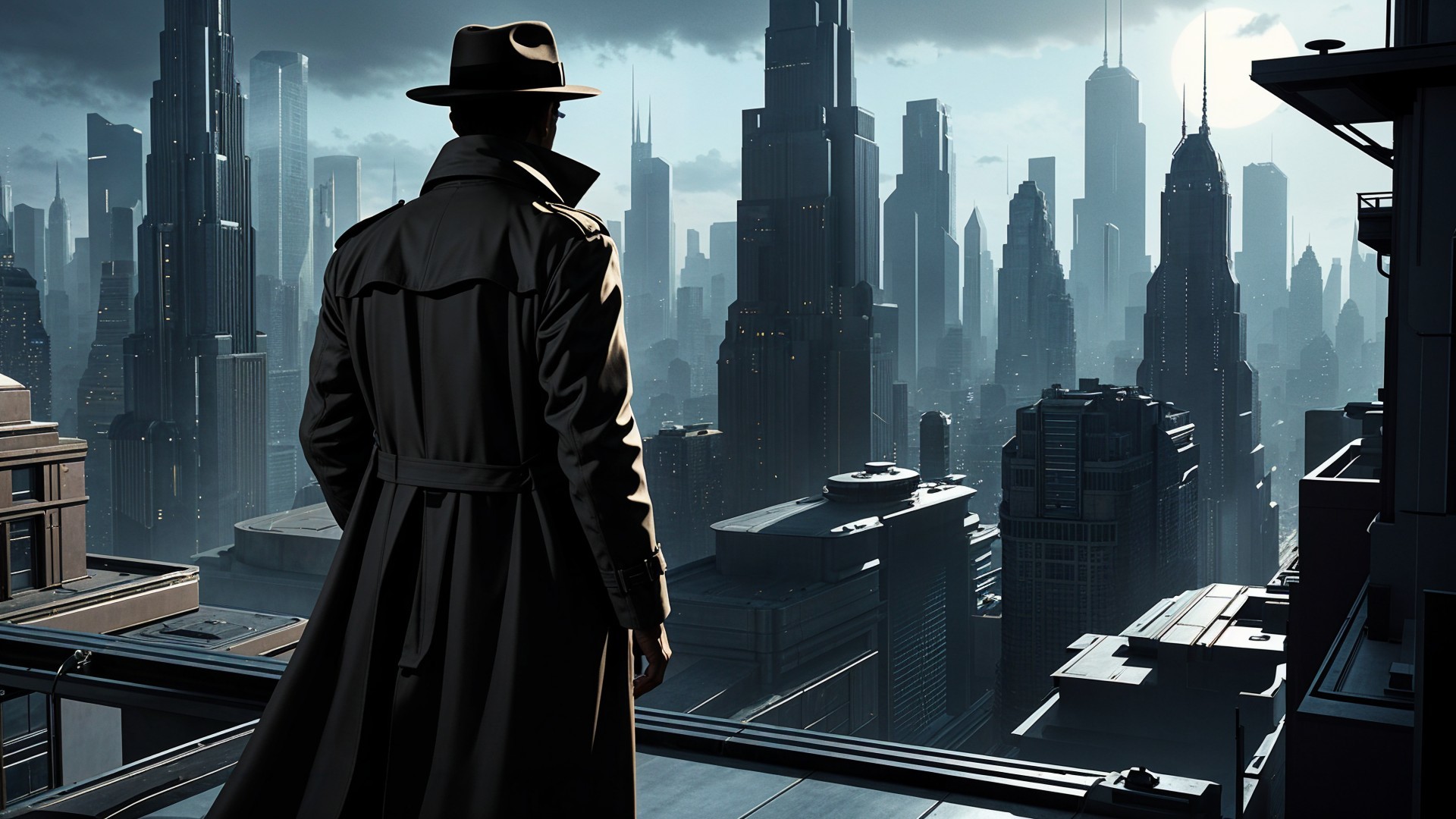 Silhouette in Fedora Overlooking Futuristic Cityscape