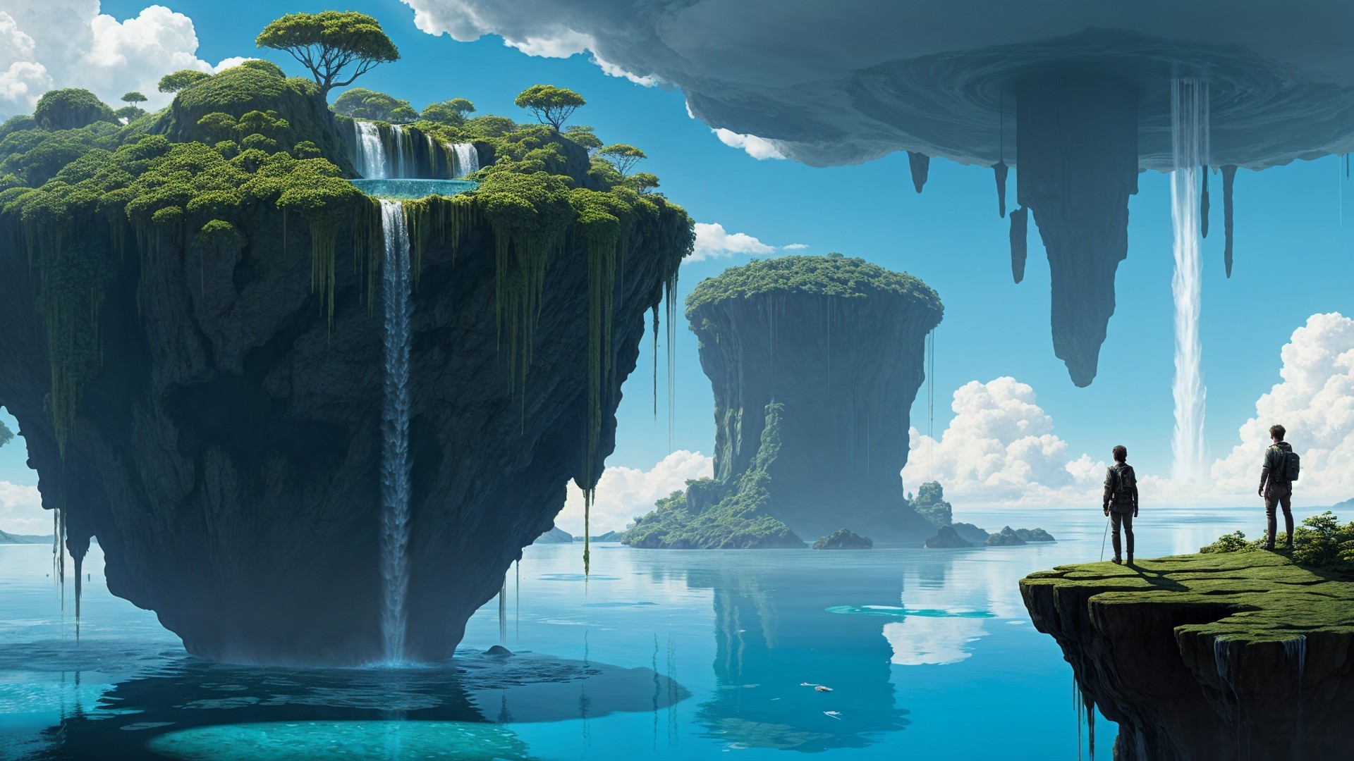 Surreal Landscape with Floating Islands and Waterfalls