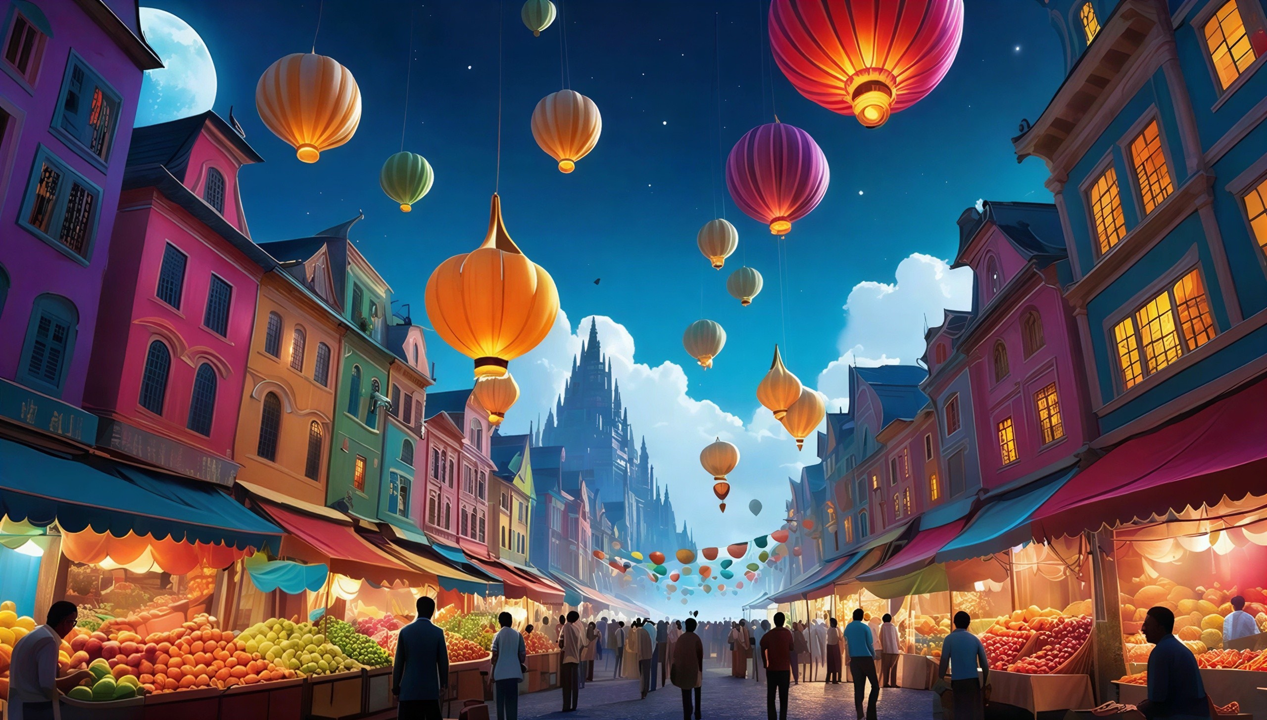 Nighttime Outdoor Market with Colorful Lanterns and Castle