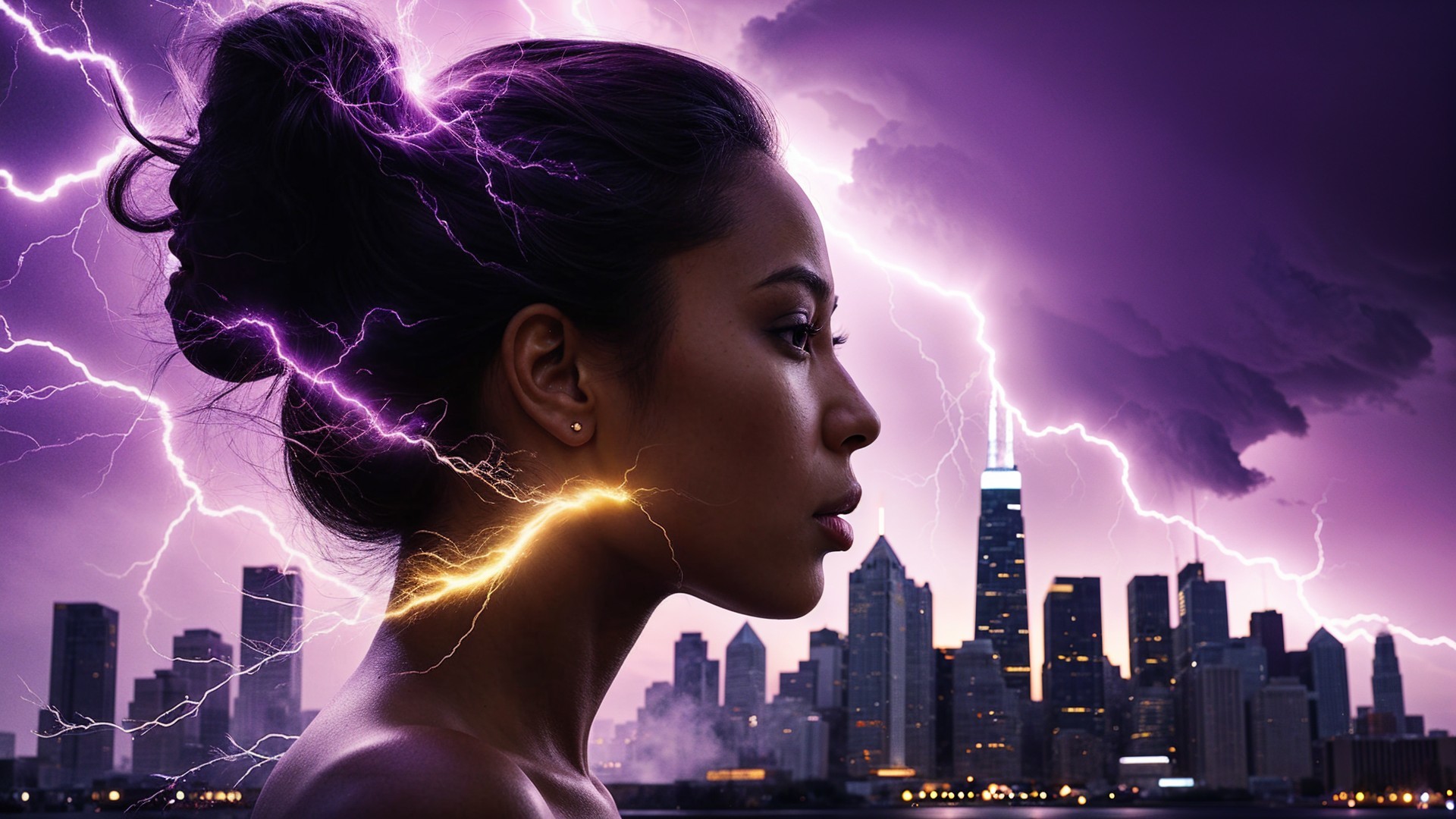 Contemplative Woman Against Dramatic Skyline and Lightning