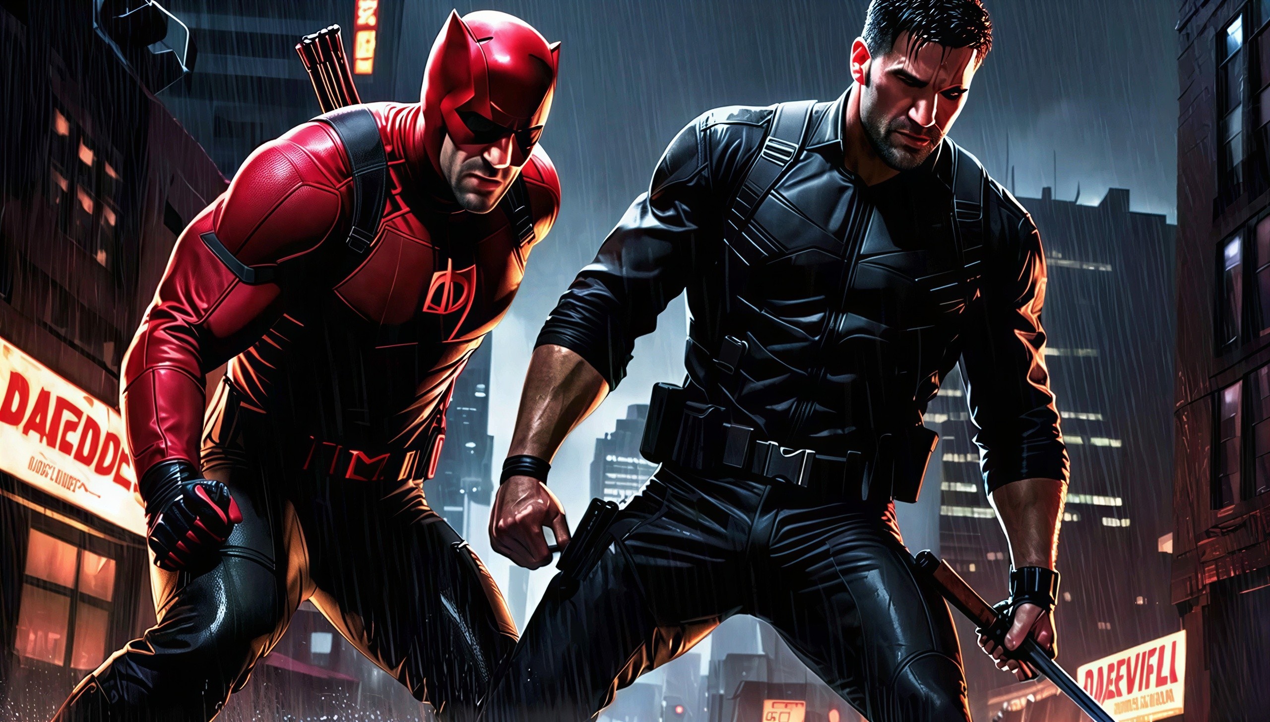 Comic Superheroes in Rainy Neon City at Night