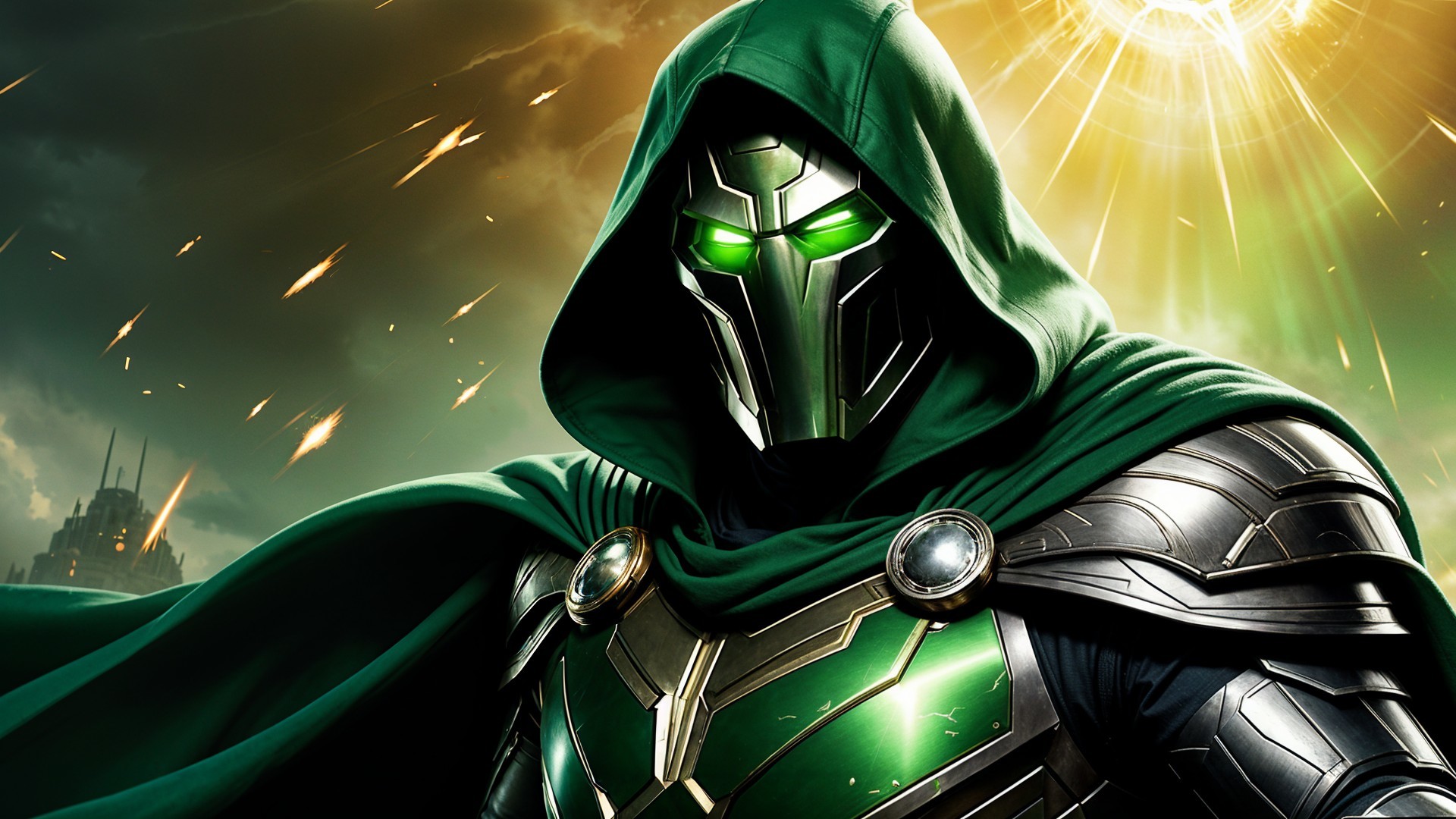 Mysterious Figure in Dark Green Cloak with Glowing Eyes