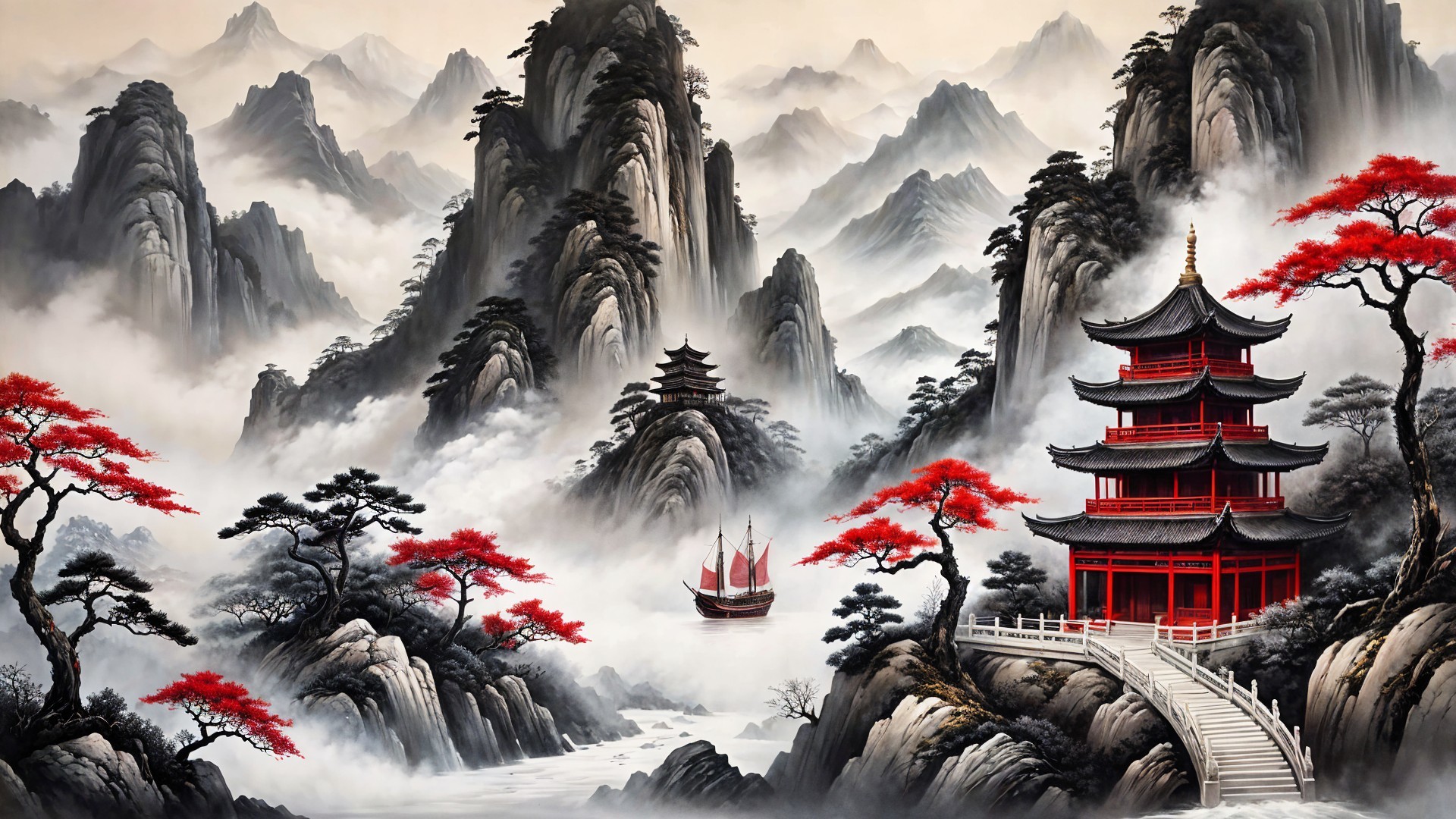 Serene Landscape with Mountains, Pagoda, and River