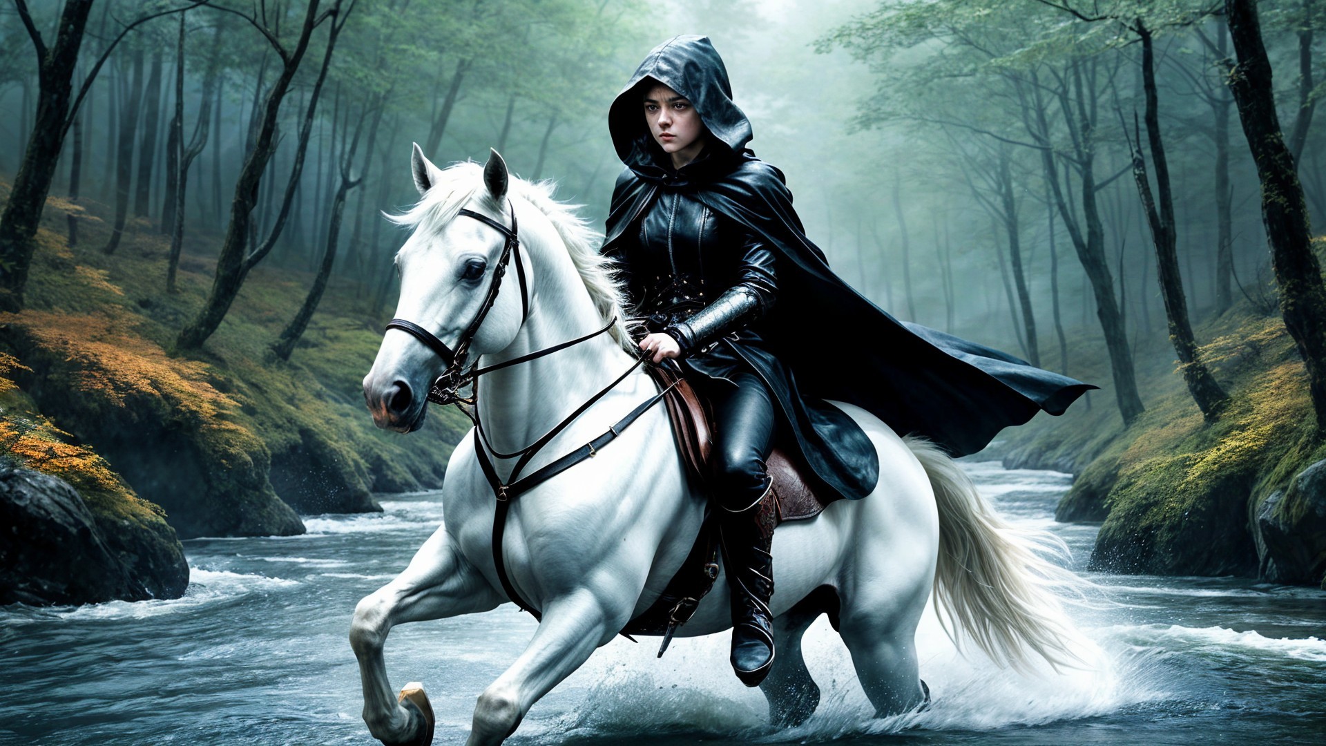 Mysterious Cloaked Figure Riding White Horse in Forest