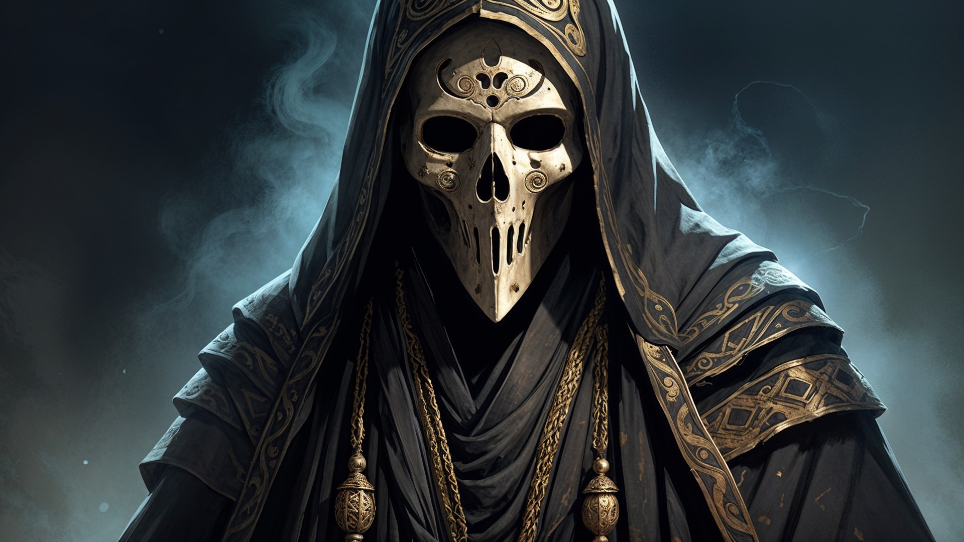 Mysterious cloaked figure with skull mask and chains