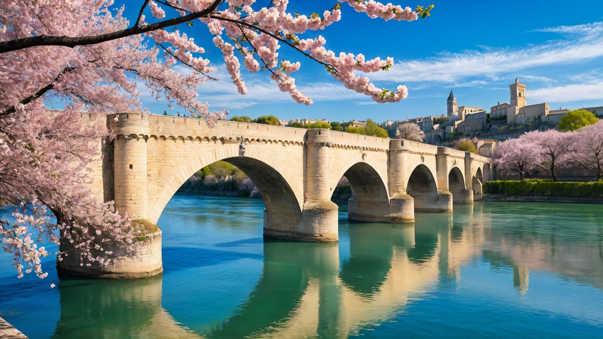 Spring Landscape with Stone Bridge and Cherry Blossoms
