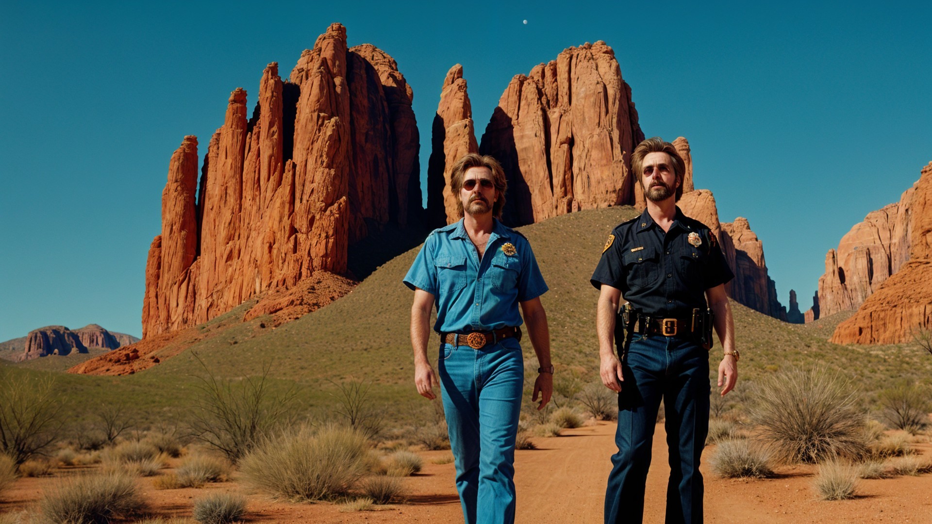 Officers Walking in a Desert Landscape with Rock Formations