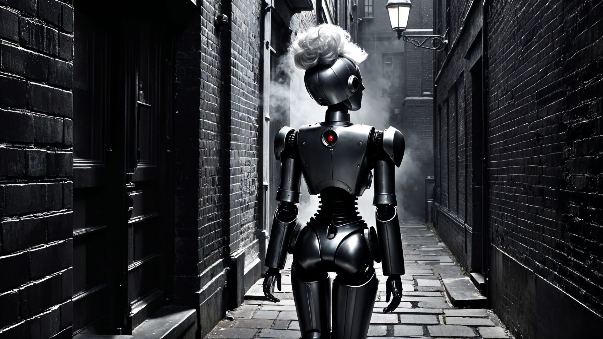 Futuristic Robot in Foggy Alleyway with Dim Lighting