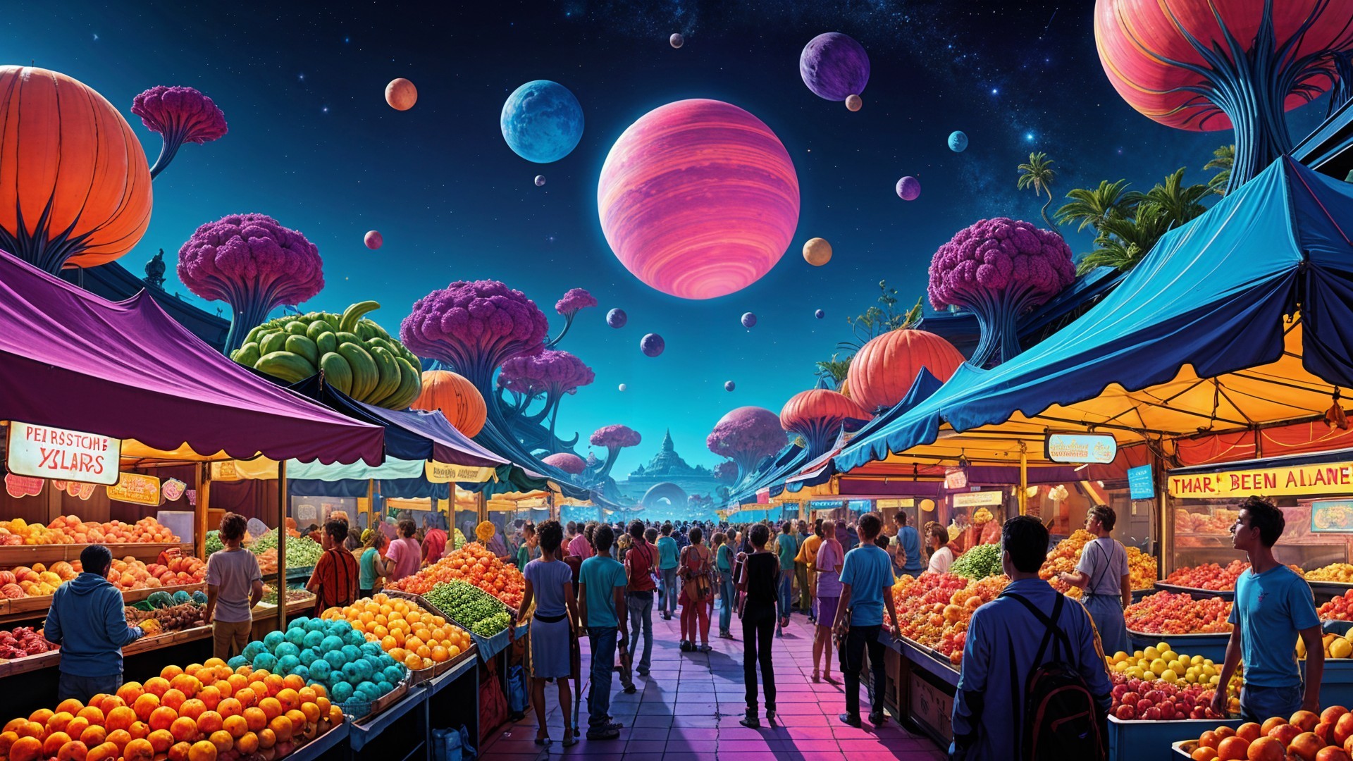 Vibrant alien marketplace under a surreal night sky