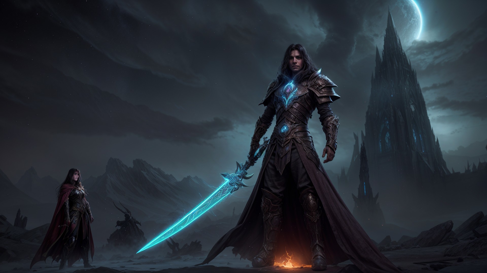 Warrior with Glowing Sword in Epic Fantasy Landscape