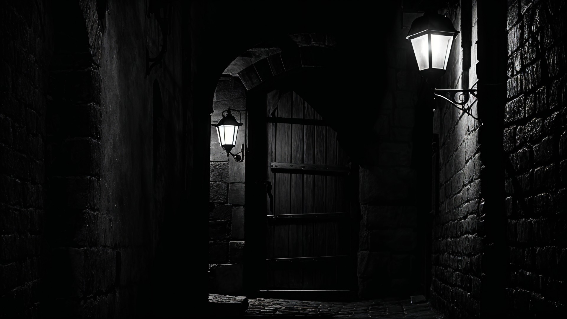 Dimly Lit Alleyway with Stone Arch and Lanterns