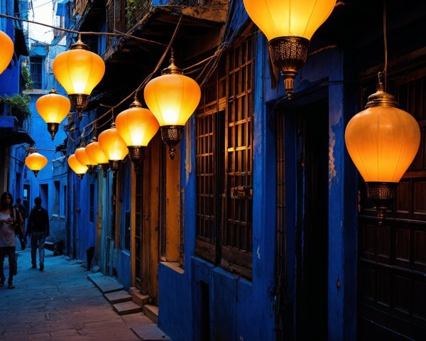 Serene alleyway with orange lanterns and blue walls