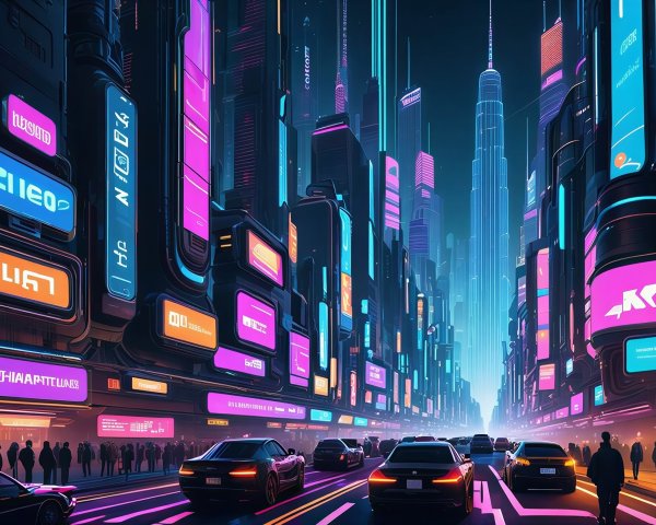 Futuristic Cyberpunk Metropolis with Neon Lights at Night