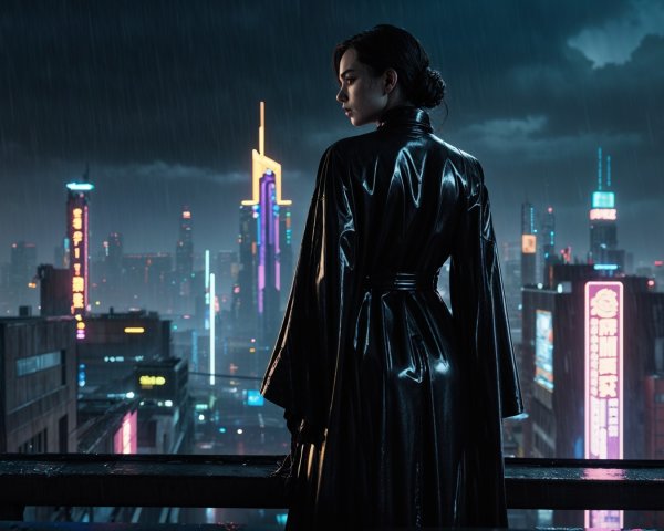 Trench Coat Figure Overlooking Neon Cityscape