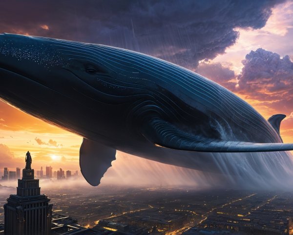 Colossal whale above futuristic city at sunset
