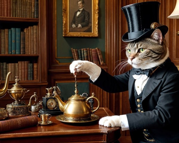 Sophisticated Cat Serving Tea in Lavish Library Setting