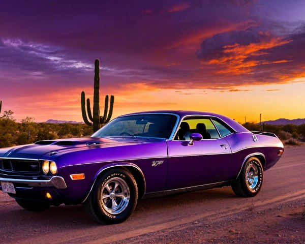 Purple Classic Car on Sandy Road at Sunset
