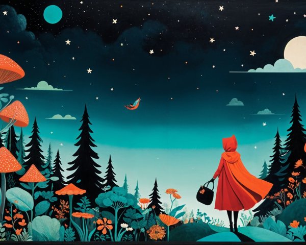 Whimsical Forest Scene with Cloaked Figure and Moon
