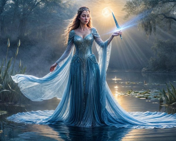 Majestic figure by tranquil lake in misty setting