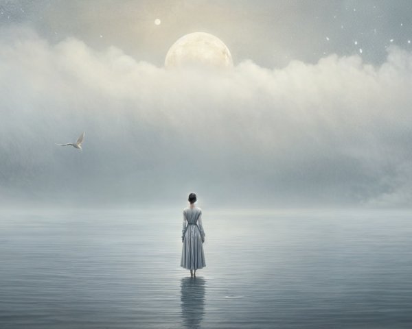 Solitary Figure on Calm Waters Under Full Moon