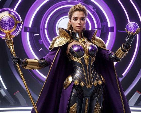 Futuristic Character in Metallic Armor with Glowing Orb