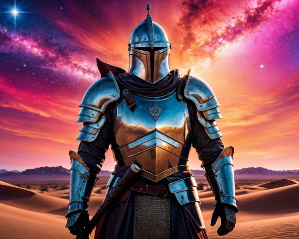 Lone Knight in Armor in Surreal Desert Landscape