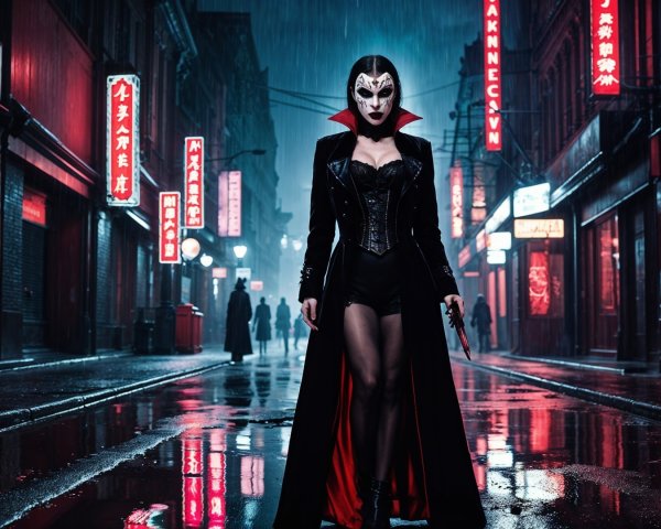 Confident Figure in Neon-Lit Rainy Alley