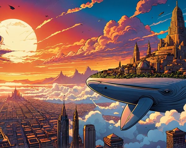 Whale Among Clouds and Futuristic City at Sunset