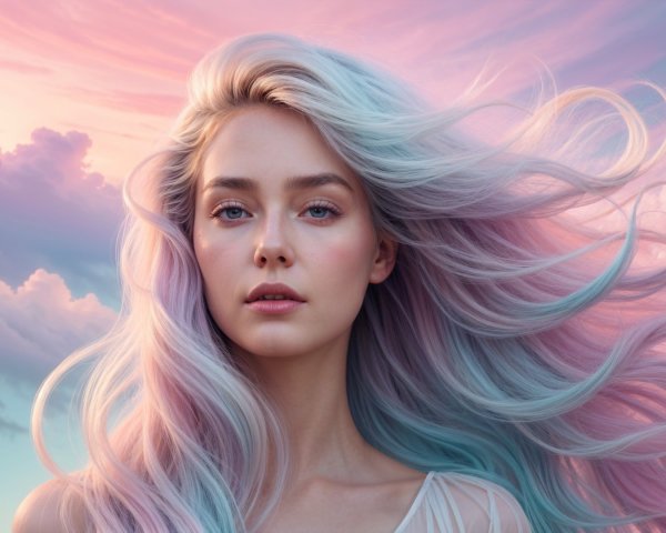 Serene portrait of a woman with pastel-colored hair
