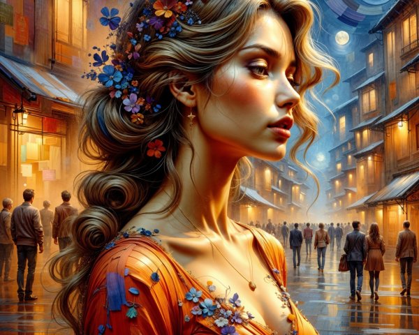 Dreamy Street Scene with Woman in Floral Orange Dress