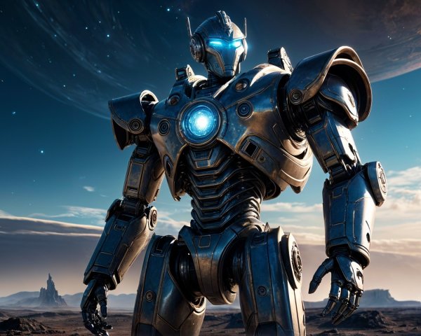 Futuristic Robot in Alien Landscape with Glowing Accents