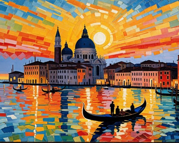 Vibrant Sunset Over Venetian Landscape with Gondolas