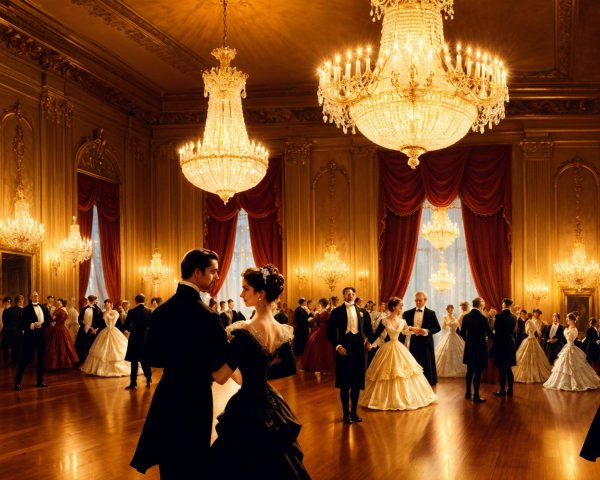Opulent ballroom with grand chandeliers and elegant decor