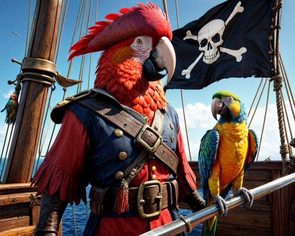 Vibrant Pirate Scene with Colorful Parrots and Ship