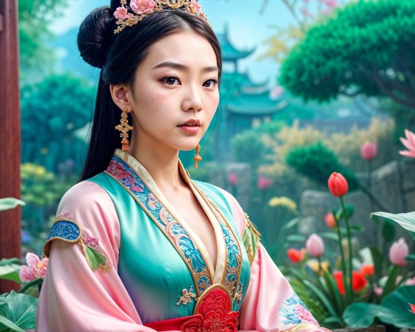 Young Woman in Traditional Silk Gown in Lush Garden
