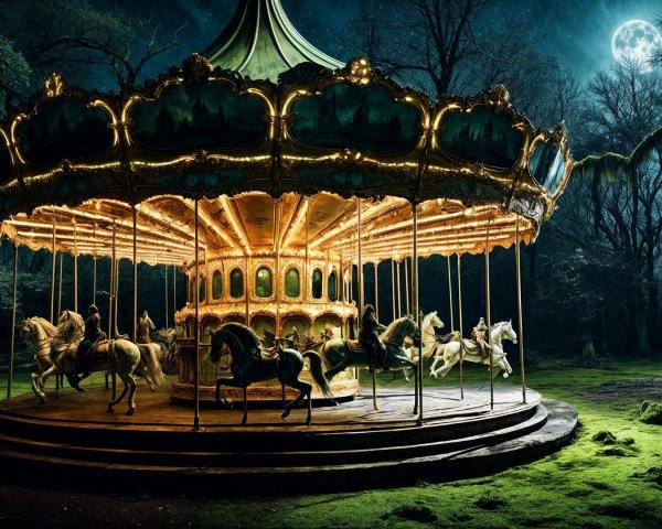 Illuminated Carousel Under Full Moon and Trees