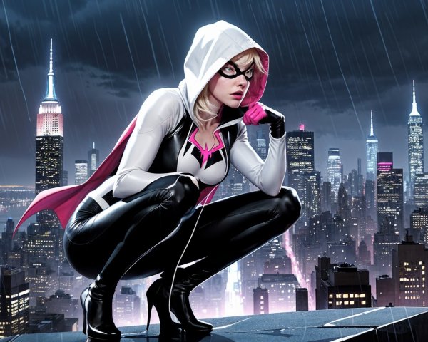 Superheroine on Rooftop with City Skyline Backdrop