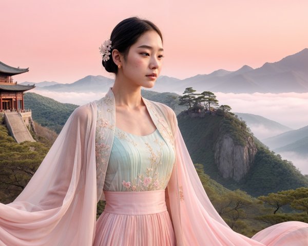 Young Woman in Pastel Hanfu Against Mountain Sunrise