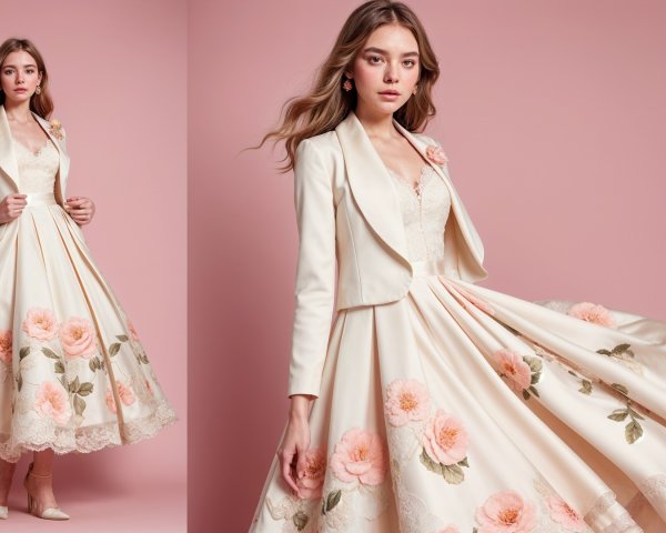 Cream Dress with Floral Embroidery and Blazer