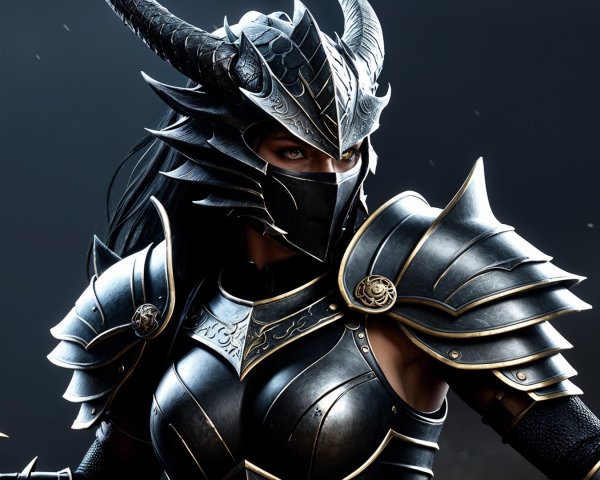 Warrior in Black Armor with Sword and Mask