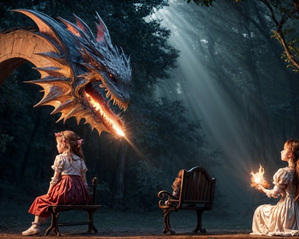 Girls in a mystical forest with a glowing dragon