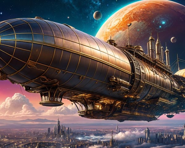 Steampunk Airship in a Cosmic Fantasy Landscape