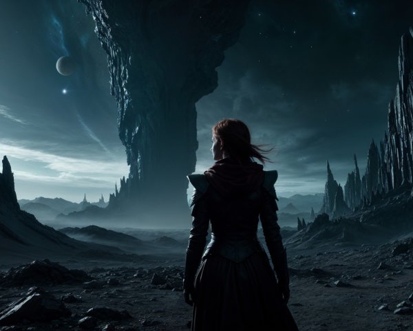 Lone Figure Overlooking Dramatic Celestial Landscape