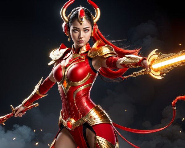 Fierce warrior in red and gold armor with sword