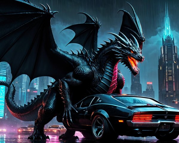 Black Dragon Over Vintage Car in Neon Cityscape