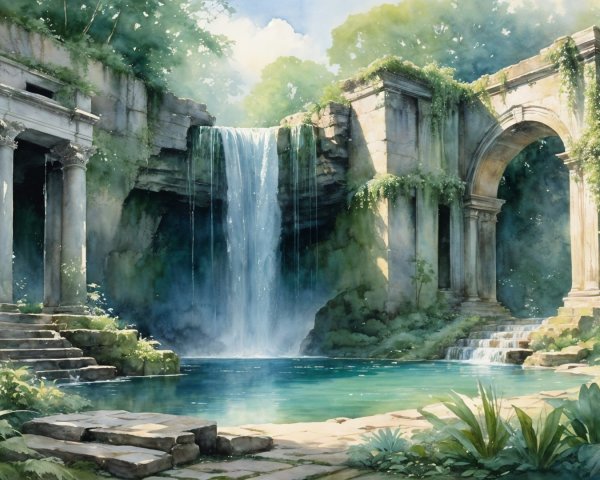 Waterfall and Ancient Ruins in Lush Greenery