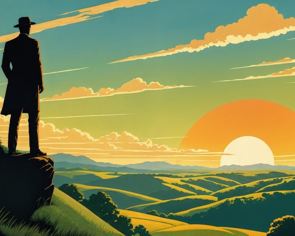 Silhouetted Figure Overlooking Serene Sunset Landscape